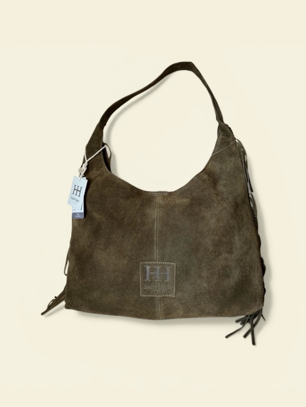 Haute Hippie Bohemian Festive Fringe Olive Green Genuine Suede Hobo Bag/Purse